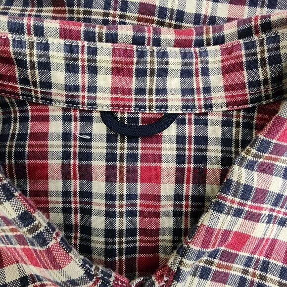 Mens Shirt Size XL Button Front Plaid Tan Red Blue Short Sleeve Collared Pocket - Picture 7 of 10
